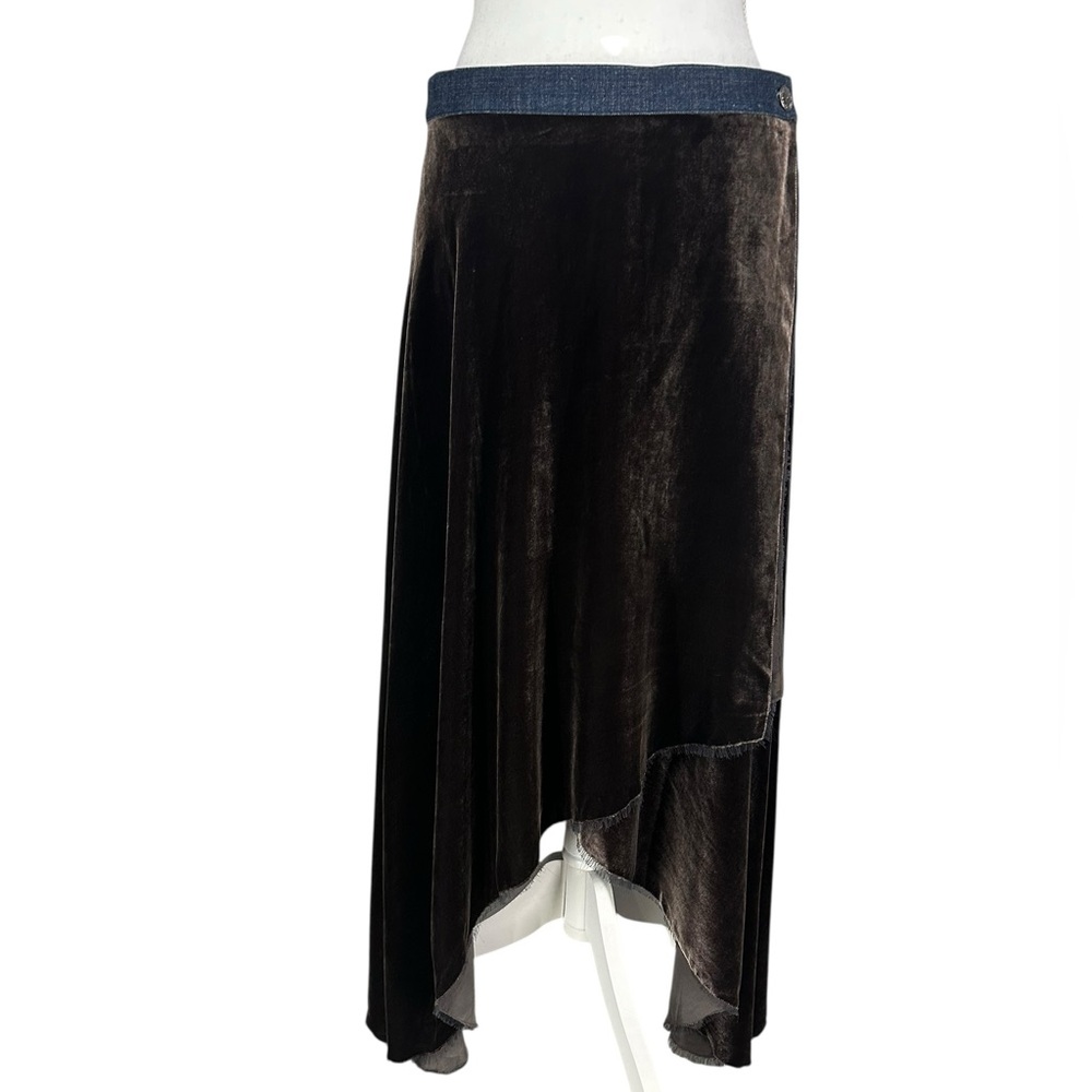 I T W by CLAUD BROWN / Brown Velvet Wrap Skirt Denim Waistband / Small / Goth